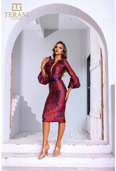 Terani Couture 251C4167 Sophisticated Cocktail Slit 3/4 Sleeve Formal Jacquard Dress