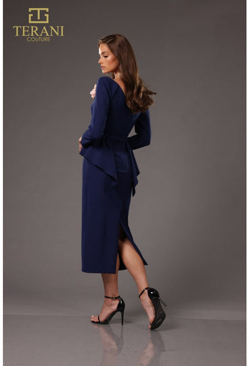 Vestido de cóctel peplum con volantes y manga larga, largo hasta la rodilla, Terani Couture 251C4638