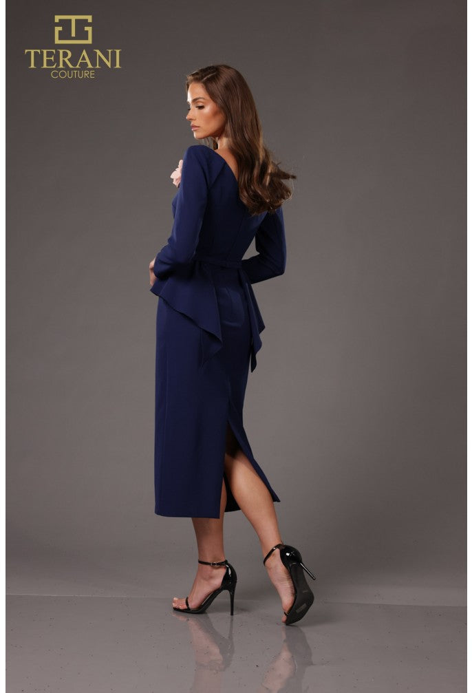 Vestido de cóctel peplum con volantes y manga larga, largo hasta la rodilla, Terani Couture 251C4638
