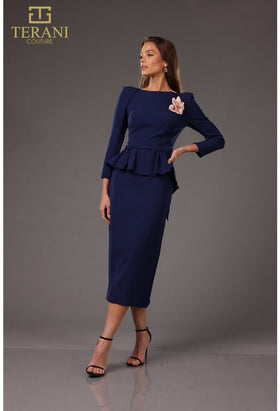 Terani Couture 251C4638 Cocktail Ruffled Long Sleeve Formal Stretch Navy Satin Dress