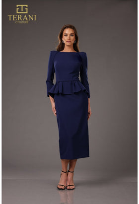 Terani Couture 251C4638B Elegant Cocktail Long Sleeve Navy Formal Stretch Satin Dress
