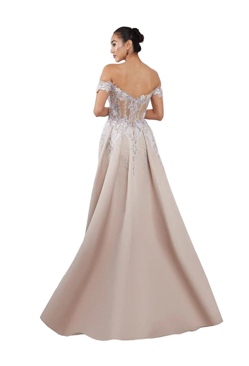Terani 251E3233 Champagne Off the Shoulder Prom Dress | Long Beaded Evening Gown