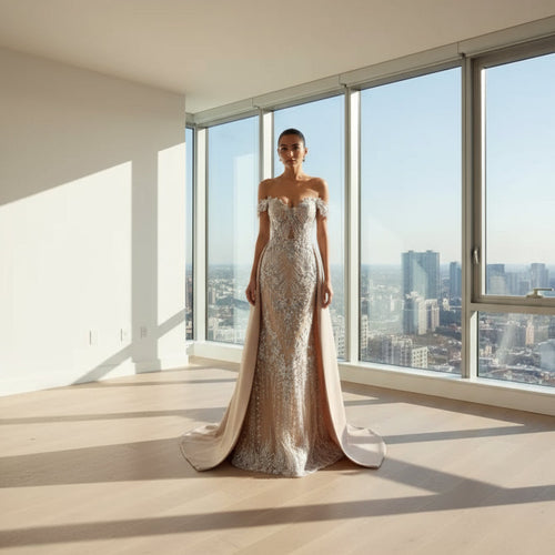 Terani 251E3233 Champagne Off the Shoulder Prom Dress | Long Beaded Evening Gown