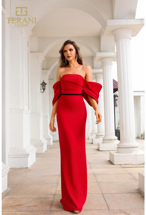 Clearance Terani Couture 251E4204 Red Size 6 Off-Shoulder Mermaid Evening Gown