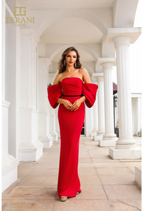 Clearance Terani Couture 251E4204 Red Size 6 Off-Shoulder Mermaid Evening Gown