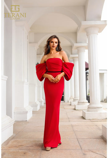 Clearance Terani Couture 251E4204 Red Size 6 Off-Shoulder Mermaid Evening Gown