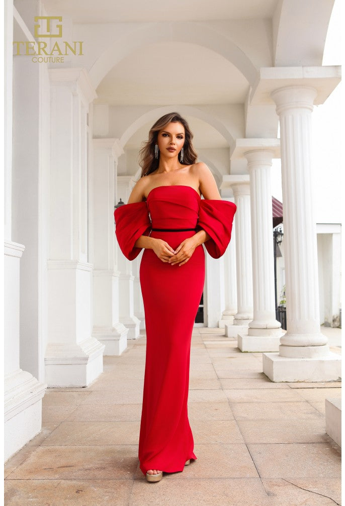 Clearance Terani Couture 251E4204 Red Size 6 Off-Shoulder Mermaid Evening Gown