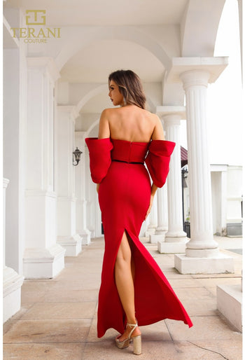 Clearance Terani Couture 251E4204 Red Size 6 Off-Shoulder Mermaid Evening Gown