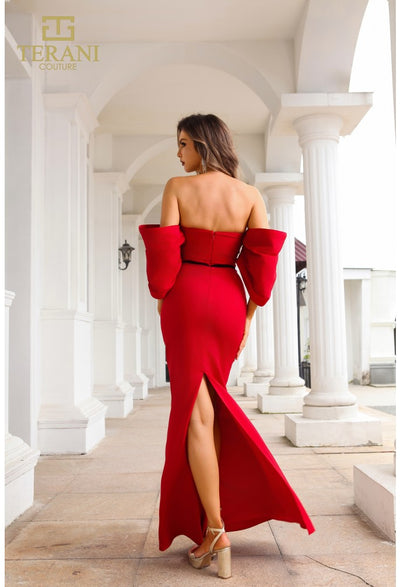 Clearance Terani Couture 251E4204 Red Size 6 Off-Shoulder Mermaid Evening Gown