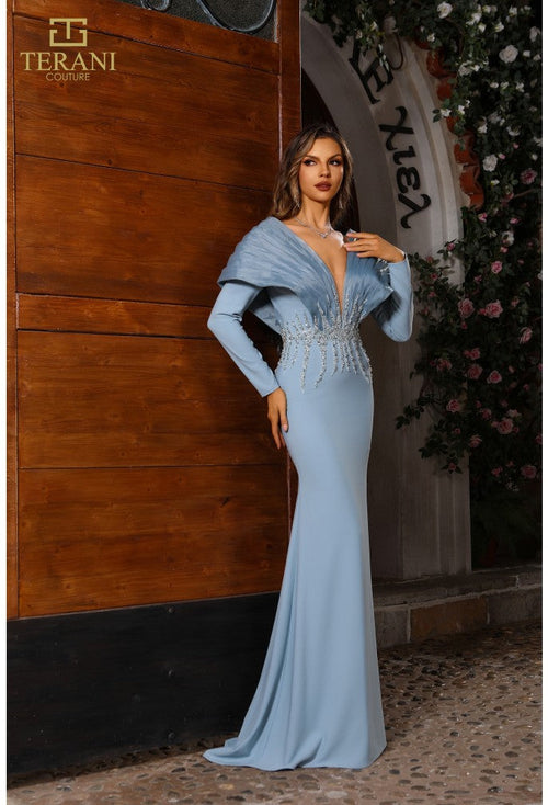 Terani Couture 251e4222 V Neck Long Sleeves Fit And Flare Evening Dress