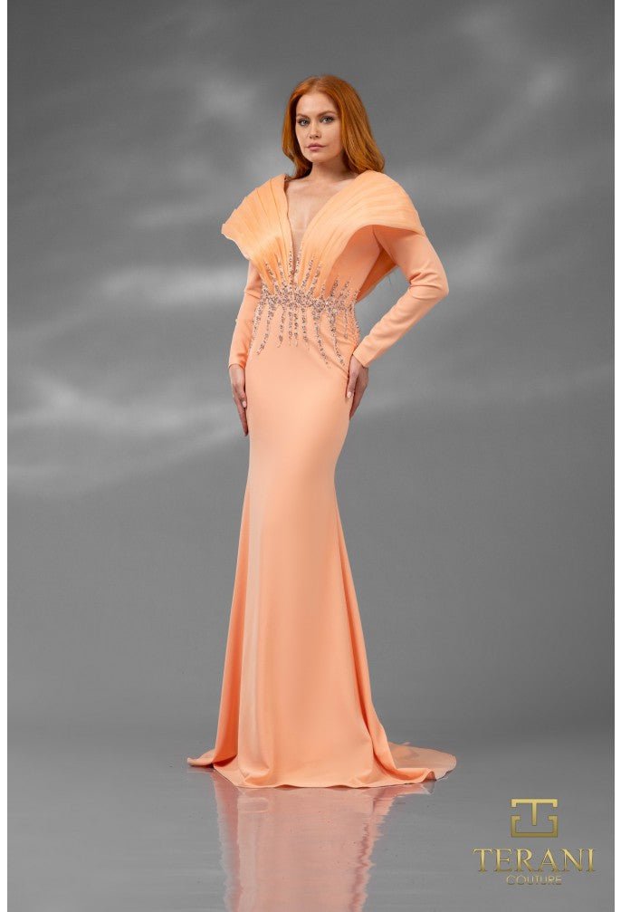 Terani Couture 251e4222 V Neck Long Sleeves Fit And Flare Evening Dress