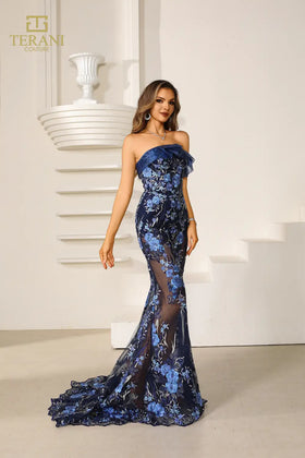 Terani Couture 251E4225 Formal Strapless Ruffled Long Evening Embroidered Tulle Dress