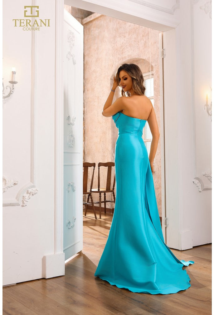 Terani Couture 251e4251 - Vestido de mikado elástico con abertura frontal y diseño asimétrico