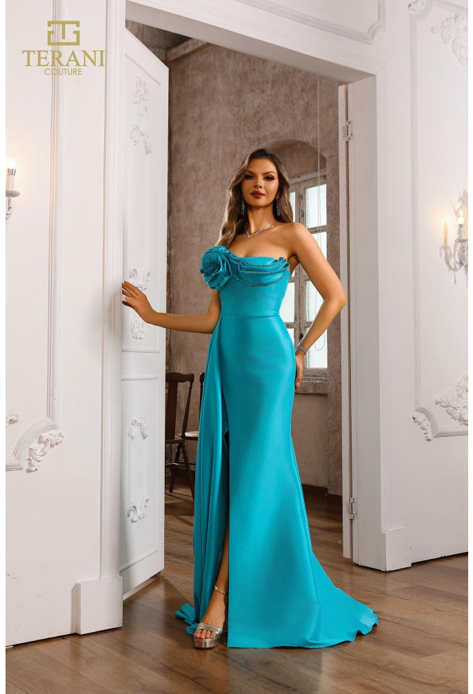 Terani Couture 251e4251 - Vestido de mikado elástico con abertura frontal y diseño asimétrico