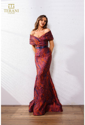 Terani Couture 251E4253 Elegant Evening Mermaid Pleated Formal Fuchsia Jacquard Dress