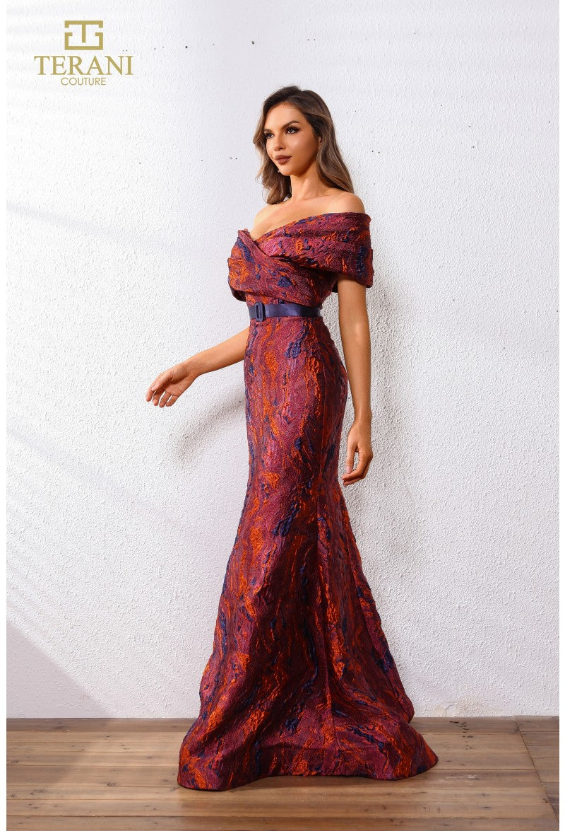 Terani Couture 251E4253 Glamorous Off-Shoulder Sleeveless Long Formal Jacquard Dress