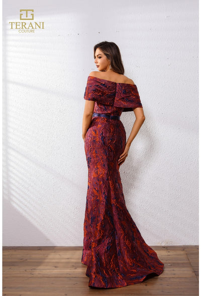 Terani Couture 251E4253 Glamorous Off-Shoulder Sleeveless Long Formal Jacquard Dress