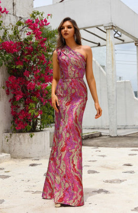 Terani Couture 251E4254 Formal One-Shoulder Slit Printed Long Evening Jacquard Dress