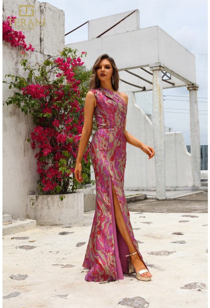 Terani Couture 251e4254-lava Jacuard - Vestido tubo largo asimétrico