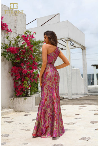 Terani Couture 251e4254-lava Jacuard-assyemtric-long-sheath-dress