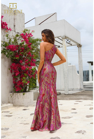Terani Couture 251E4254 Formal One-Shoulder Slit Printed Long Evening Jacquard Dress