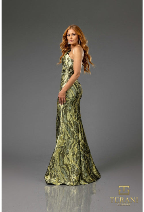 Terani Couture 251E4254 Formal One-Shoulder Slit Printed Long Evening Jacquard Dress