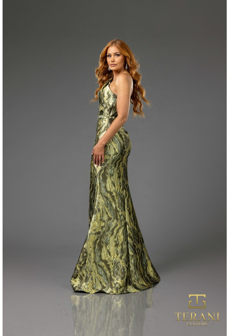 Terani Couture 251e4254-lava Jacuard - Vestido tubo largo asimétrico