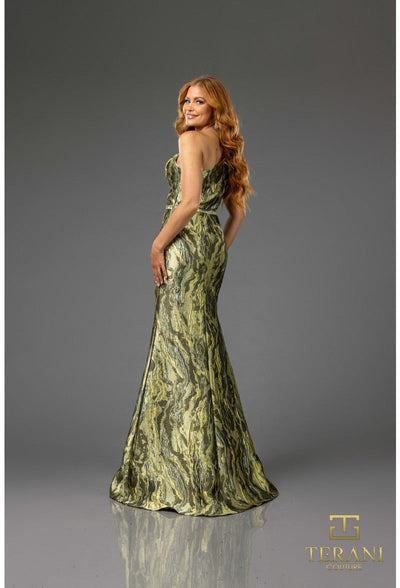 Terani Couture 251E4254 Formal One-Shoulder Slit Printed Long Evening Jacquard Dress