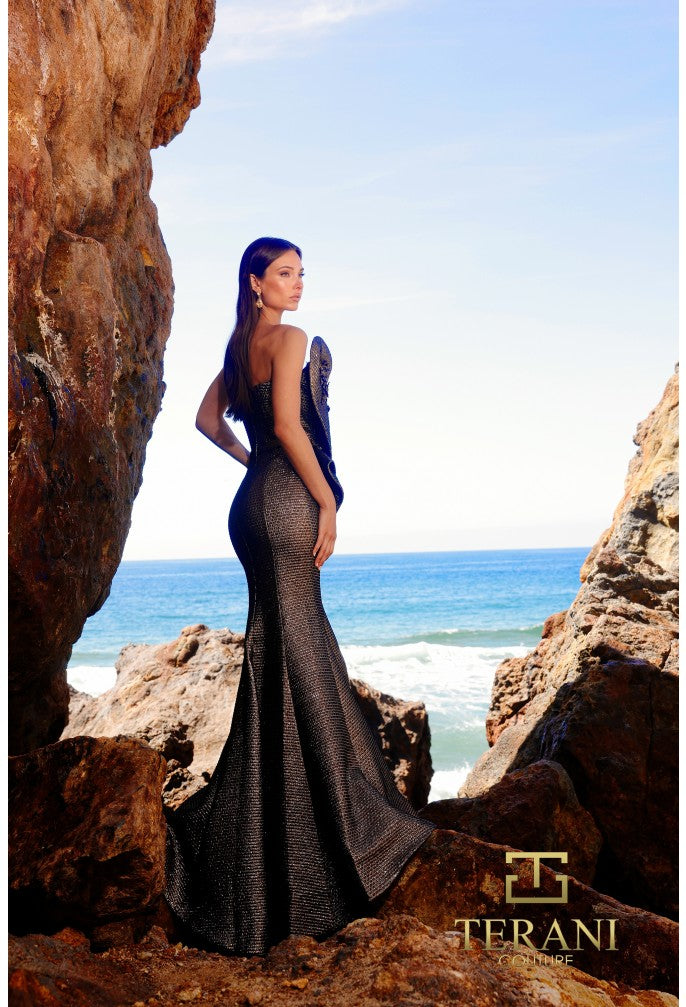 Terani Couture 251e4283 Vestido de noche largo de satén con espalda de crepé y sin mangas