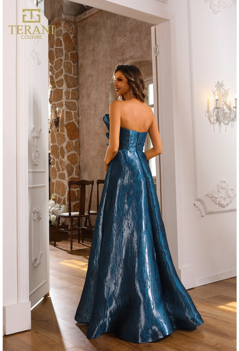 Terani Couture 251E4287 Formal Prom A-Line Pleated Long Evening Shimmer Burnout Dress
