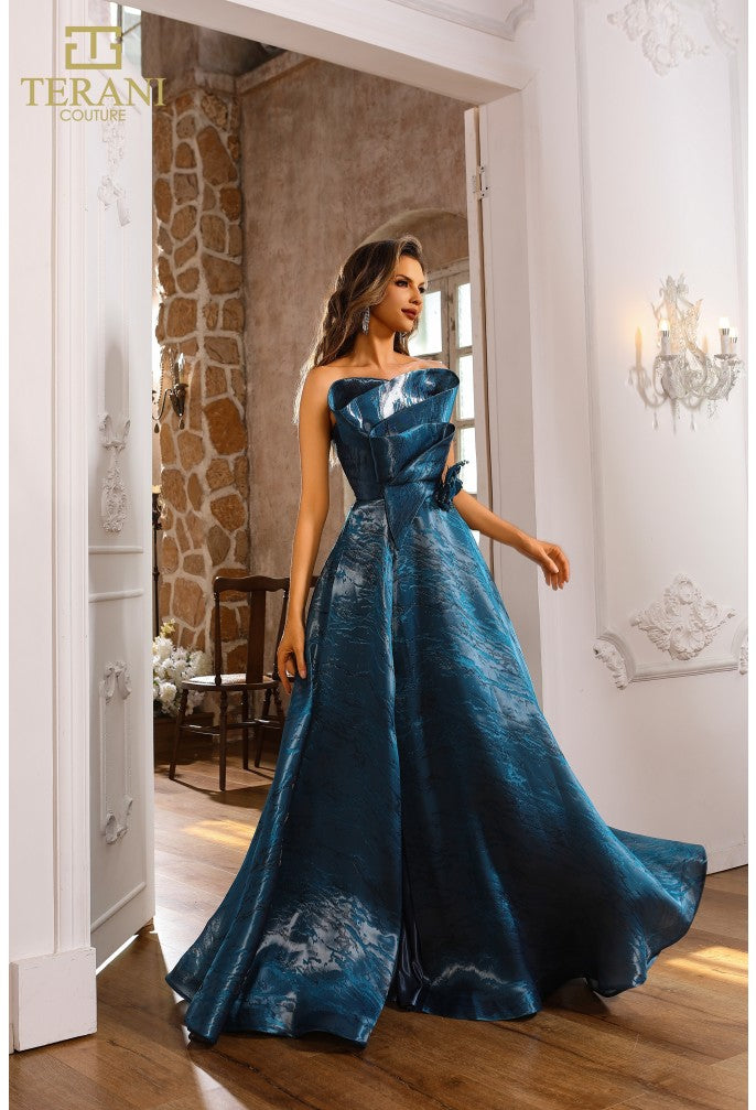 Terani Couture 251E4287 Formal Prom A-Line Pleated Long Evening Shimmer Burnout Dress