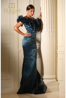 Terani Couture 251E4289 Sophisticated Evening Off-Shoulder Trumpet Blue Organza Dress