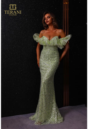 Terani Couture 251E4330 Evening Off-Shoulder Fit-and-Flare Formal Beaded Tulle Dress