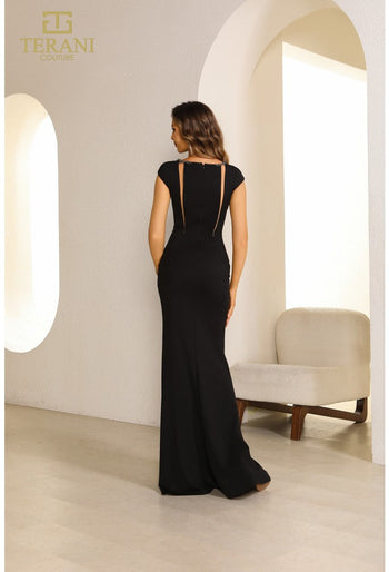 Terani Couture 251e4586 Vestido de noche ajustado negro con mangas cortas