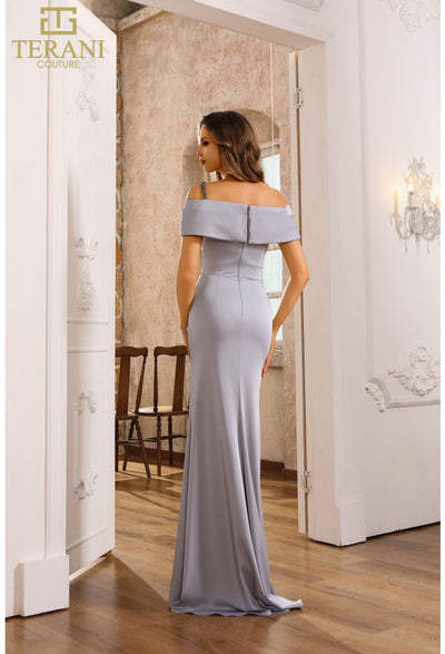 Terani Couture 251E4587 Prom Homecoming Off-Shoulder Long Evening Silver Satin Dress