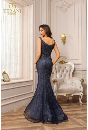 Terani Couture 251gl4196 Trumpet V Neck Sleeveless Navy Long Pageant Dress