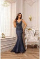Terani Couture 251gl4196 Trumpet V Neck Sleeveless Navy Long Pageant Dress
