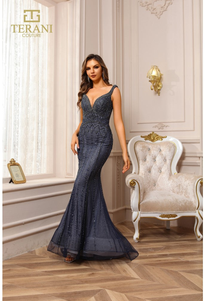 Vestido largo de desfile azul marino sin mangas con escote en V y corte trompeta Terani Couture 251gl4196 