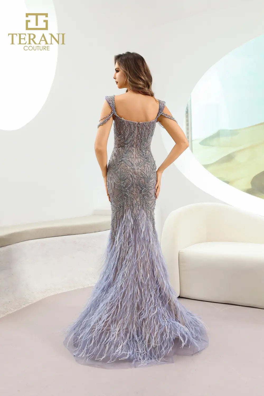 Terani Couture 251GL4197 Beaded Feather-Embellished Long Formal Evening Gown