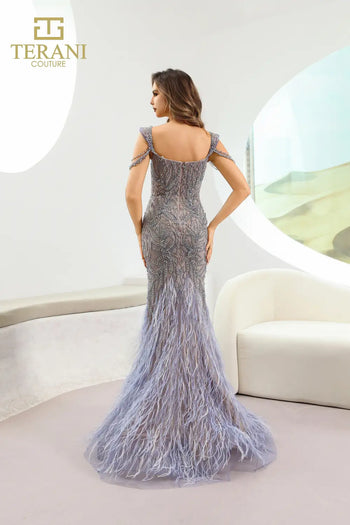 Terani Couture 251GL4197 Beaded Feather-Embellished Long Formal Evening Gown