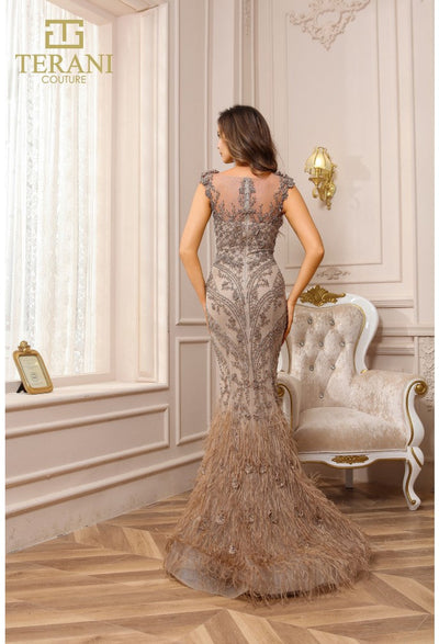 Clearance Mocha Size 12 Sophisticated Elegant Formal Long Evening Beaded Tulle Dress By Terani Couture 251GL4198
