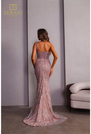 Terani Couture Rose Gold Prom Dress Beaded Long Evening Gown 251GL4315