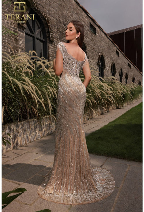 Clearance Silver nude Size 4 Elegant Evening Mother of the Bride Formal Tulle Dress By Terani Couture 251GL4345