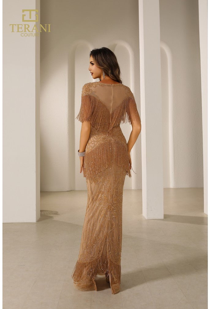 Vestido de desfile de tul dorado sin mangas con cuello ilusión Terani Couture 251gl4349 