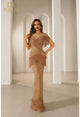 Vestido de desfile de tul dorado sin mangas con cuello ilusión Terani Couture 251gl4349 