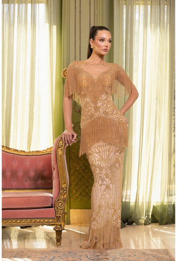 Vestido de desfile de tul dorado sin mangas con cuello ilusión Terani Couture 251gl4349 