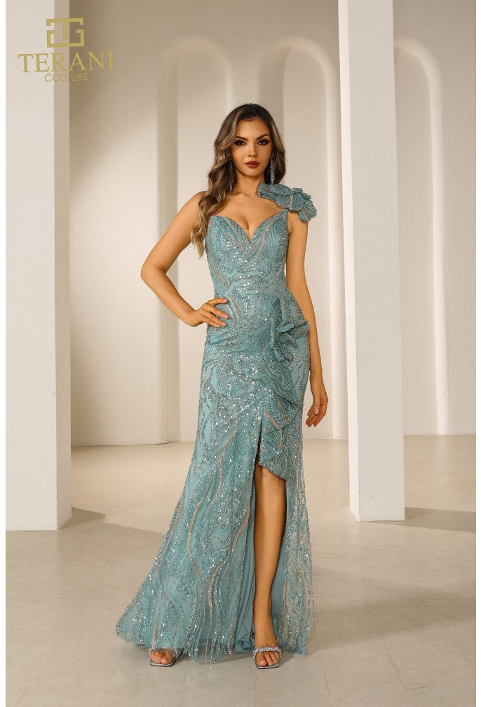 Vestido de desfile de tul con cuentas y corte trompeta sin mangas Terani Couture 251gl4354 