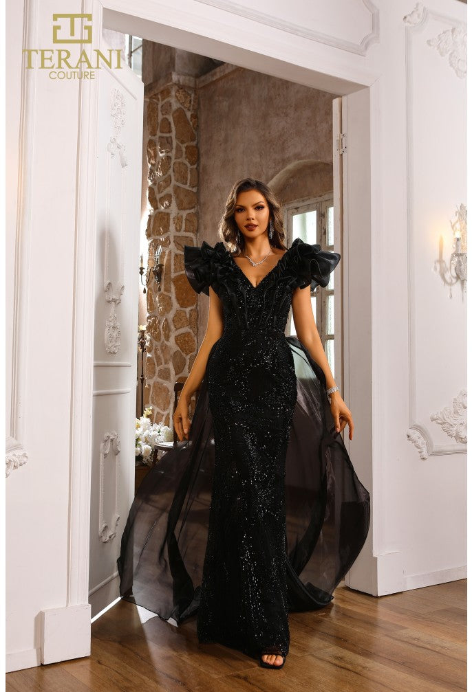Elegant Glamorous Evening Cap Sleeve Formal Black Tulle Gown 251GL4357 by Terani Couture Elegant Glamorous Evening Cap Sleeve Formal Black Tulle Gown 251GL4357 by Terani Couture