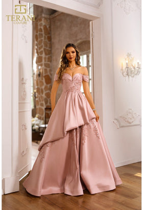 Terani Couture 251M4062 Prom Homecoming Off-Shoulder BallDress Long Blush Satin Dress