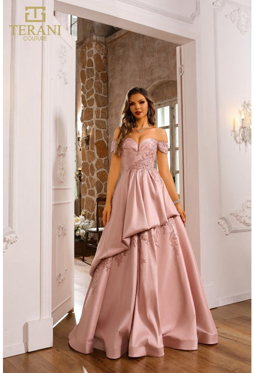 Terani Couture 251M4062 Prom Homecoming Off-Shoulder BallDress Long Blush Satin Dress